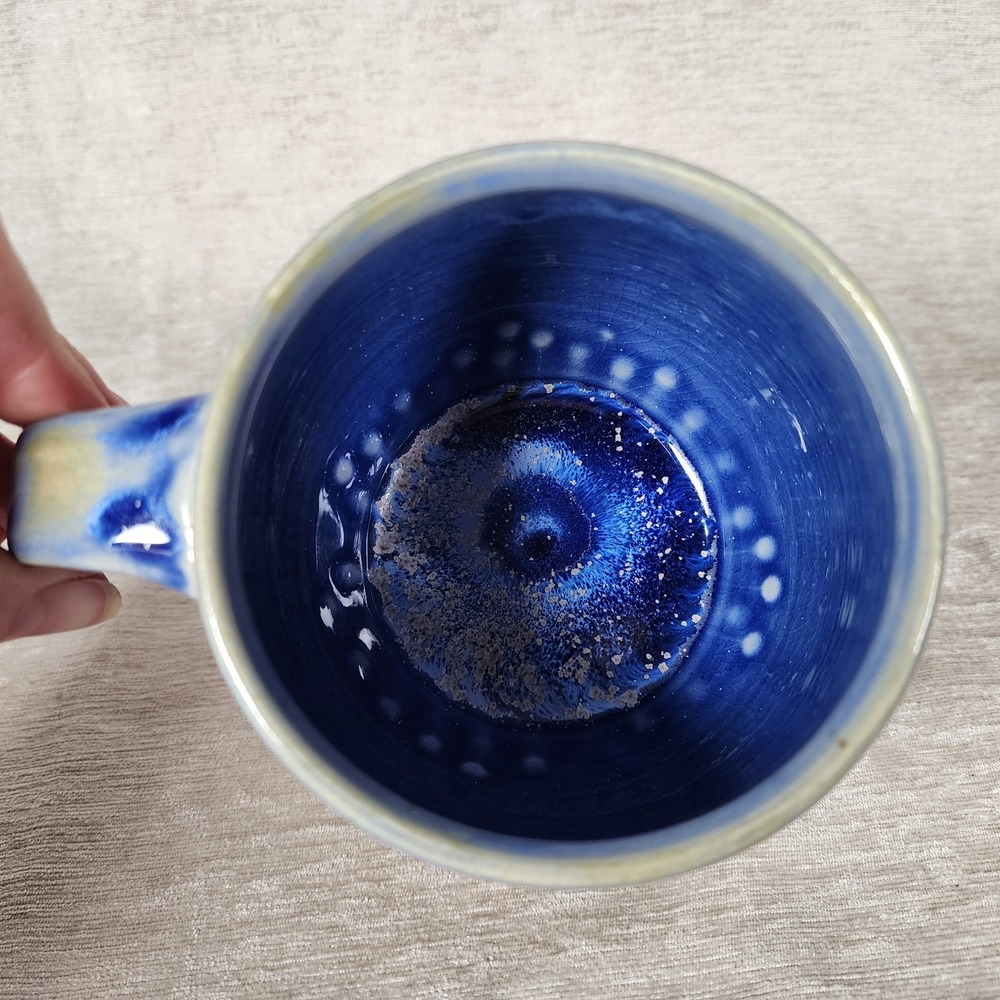 Studio Art Pottery Mug Blue Glaze Mountains Stamped Design Bottom 12oz Handmade - Picture 4 of 6